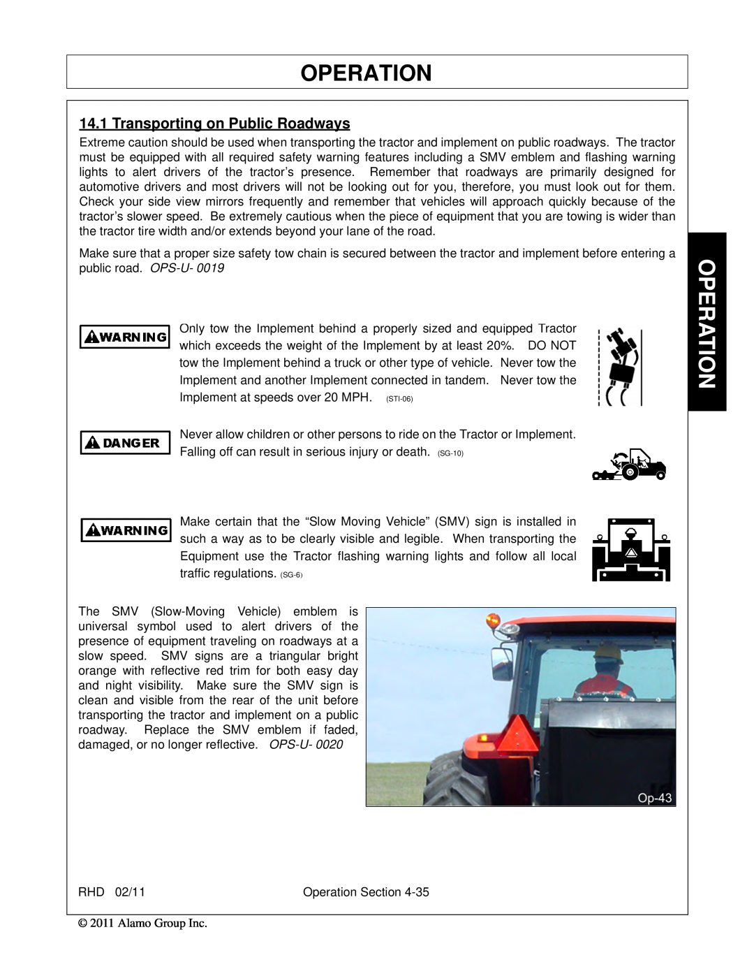 Rhino Mounts RHD74, RHD88, RHD62, RHD96 manual Operation, Transporting on Public Roadways 