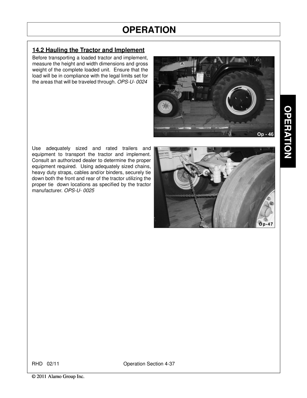 Rhino Mounts RHD96, RHD88, RHD74, RHD62 manual Operation, Hauling the Tractor and Implement 