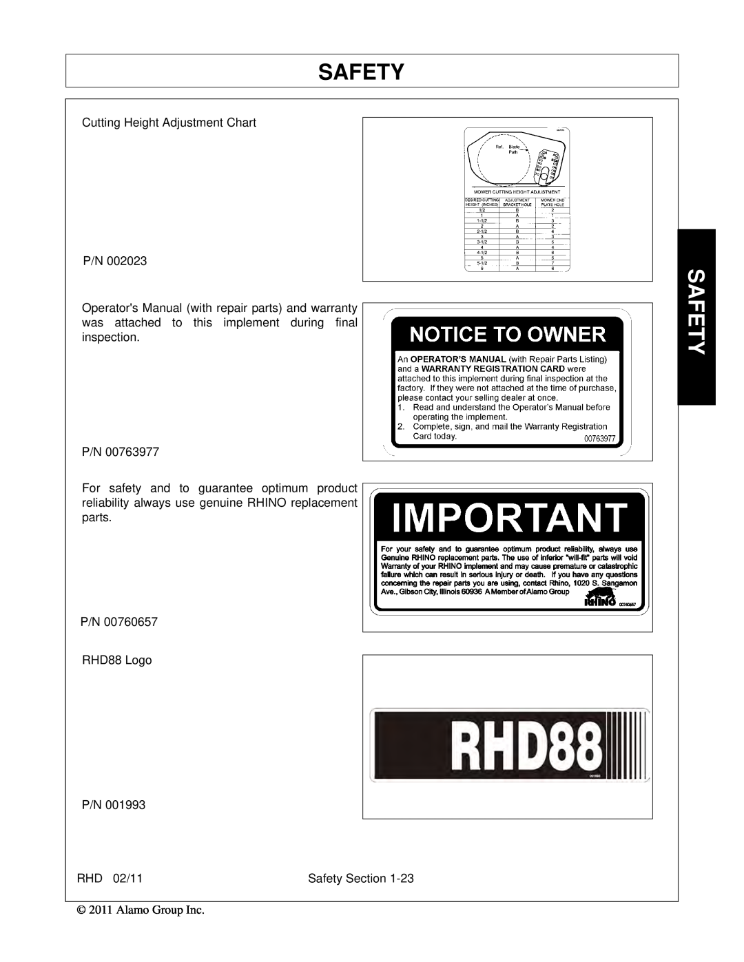 Rhino Mounts RHD74, RHD88, RHD62, RHD96 manual Safety 