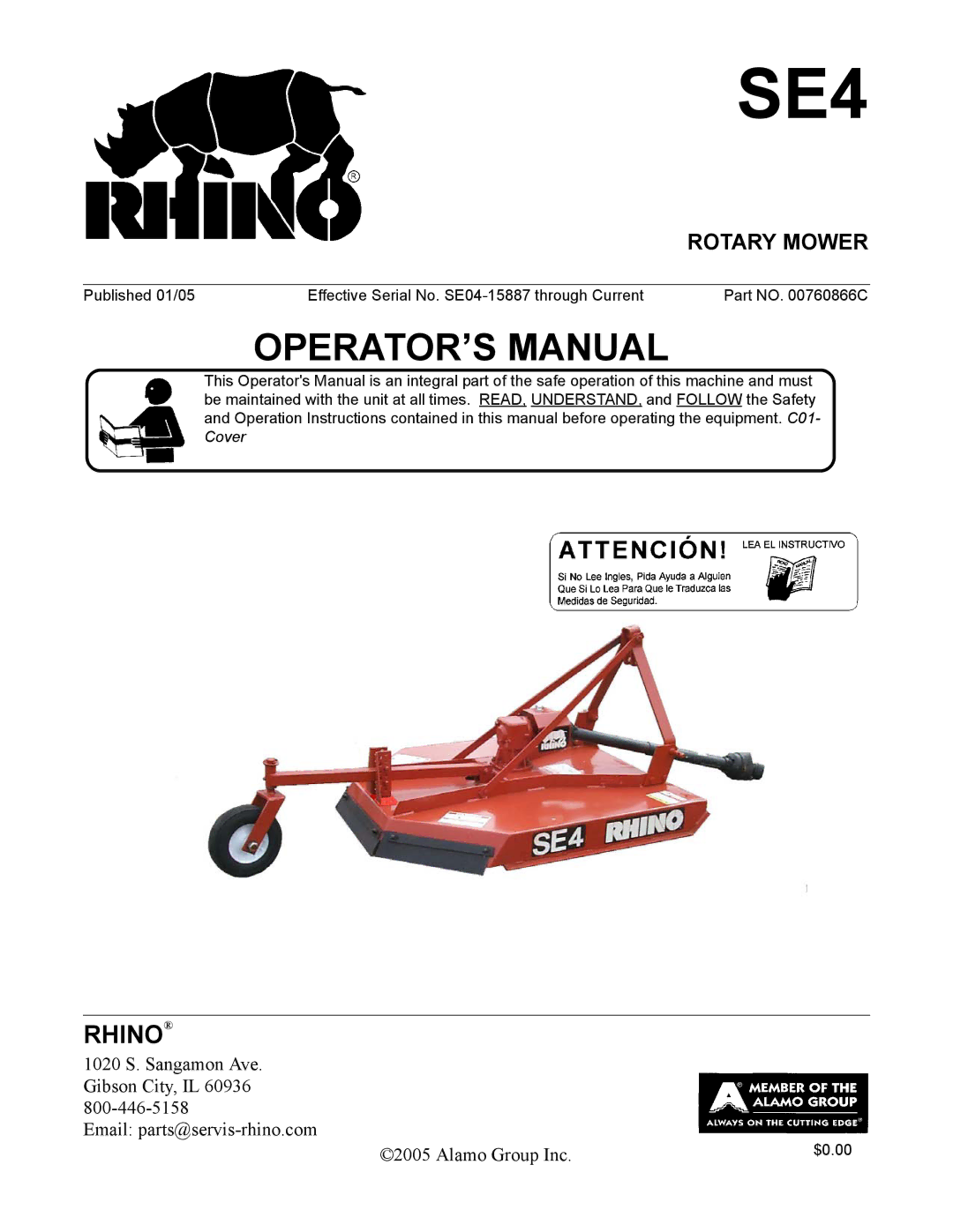 Rhino Mounts SE4 manual Rotary Mower 