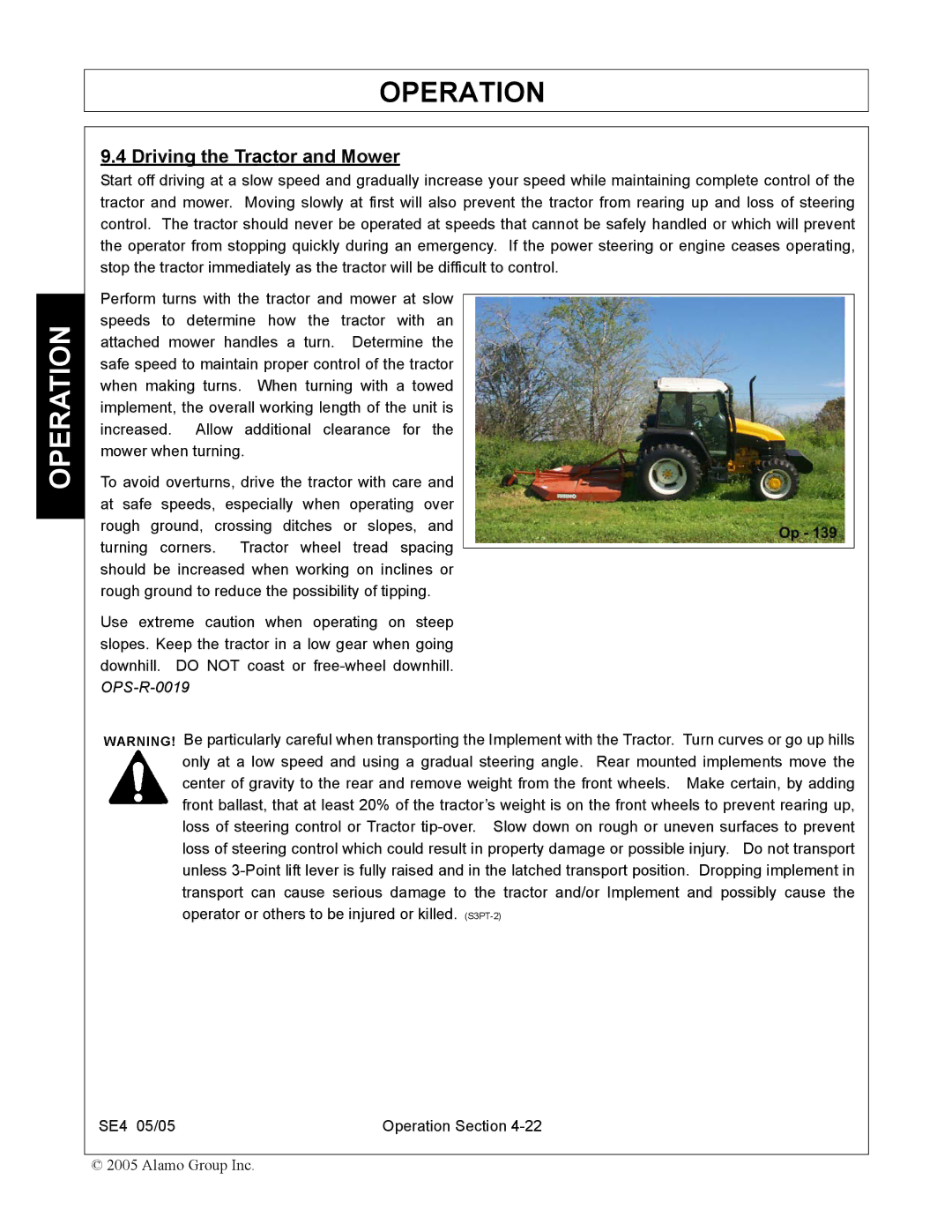 Rhino Mounts SE4 manual Driving the Tractor and Mower 