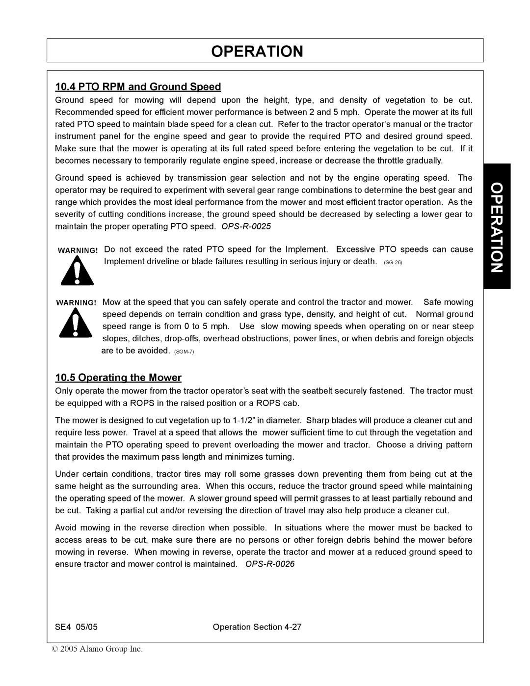 Rhino Mounts SE4 manual PTO RPM and Ground Speed, Operating the Mower 