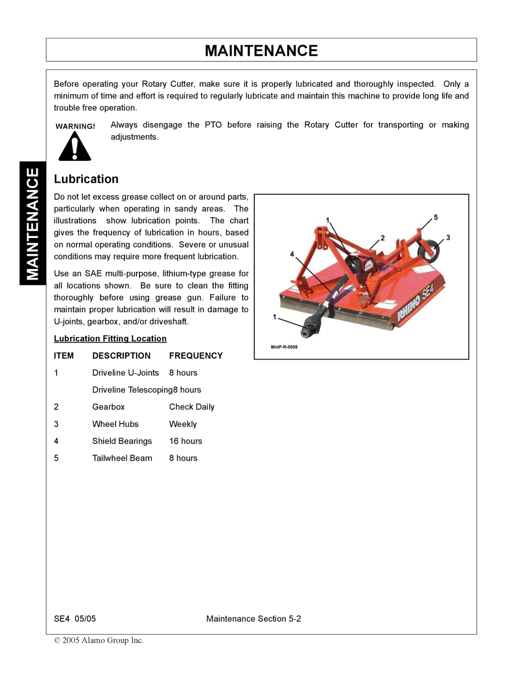 Rhino Mounts SE4 manual Maintenance, Lubrication 