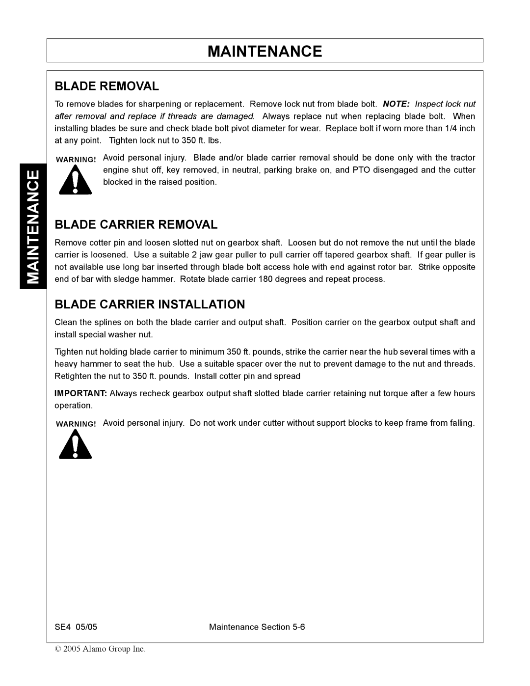 Rhino Mounts SE4 manual Blade Removal, Blade Carrier Removal, Blade Carrier Installation 