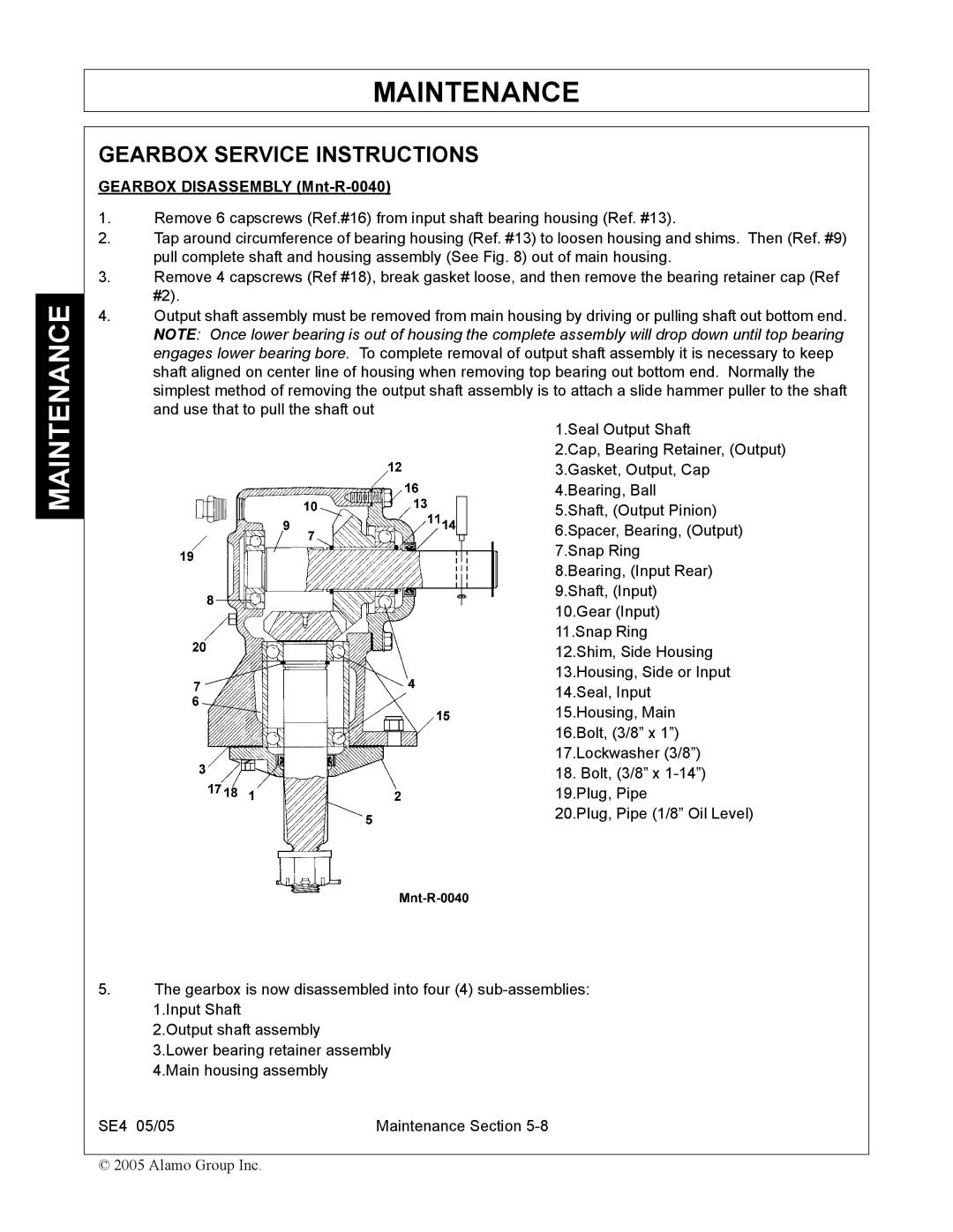 Rhino Mounts SE4 manual Gearbox Service Instructions, Gearbox Disassembly Mnt-R-0040 