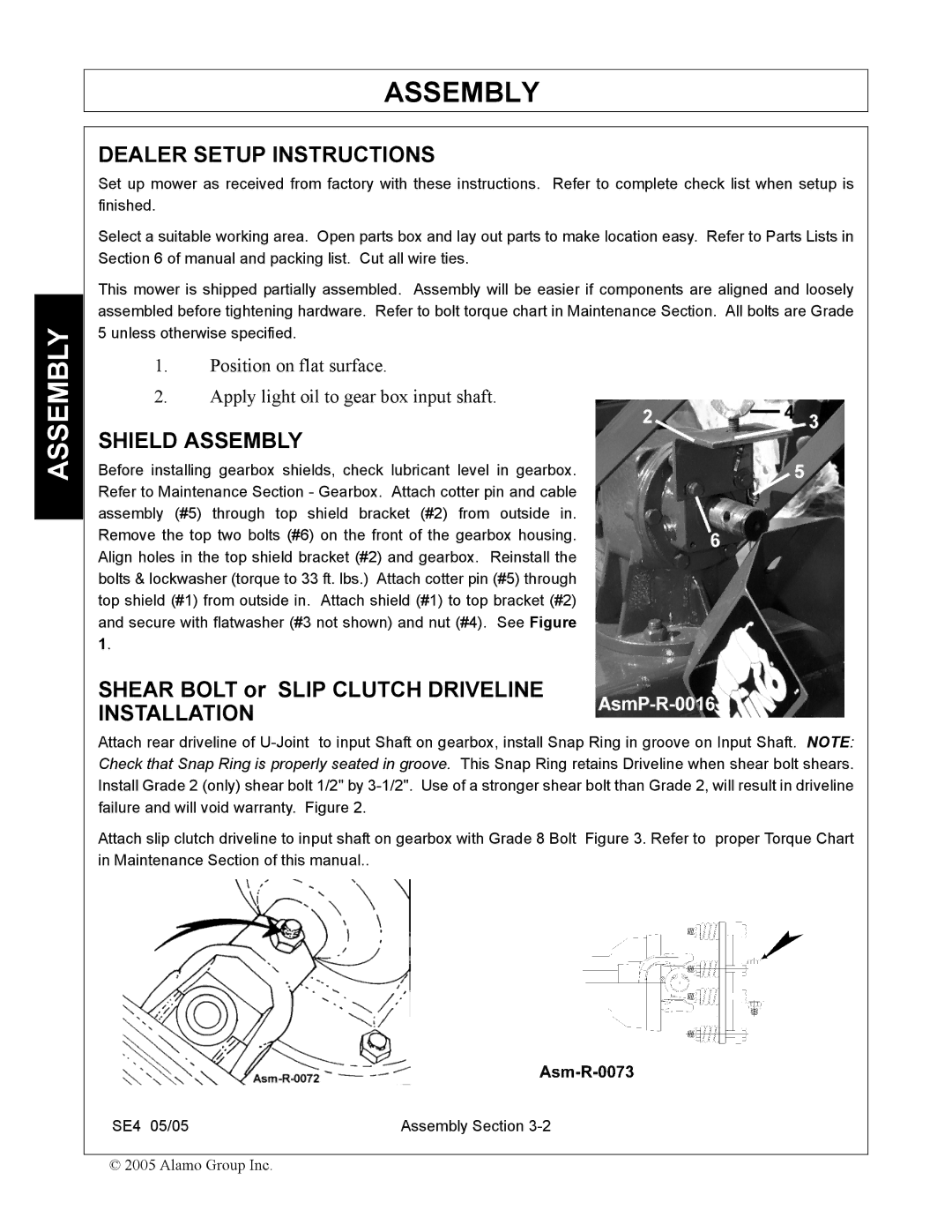 Rhino Mounts SE4 manual Dealer Setup Instructions, Shield Assembly, Shear Bolt or Slip Clutch Driveline, Installation 