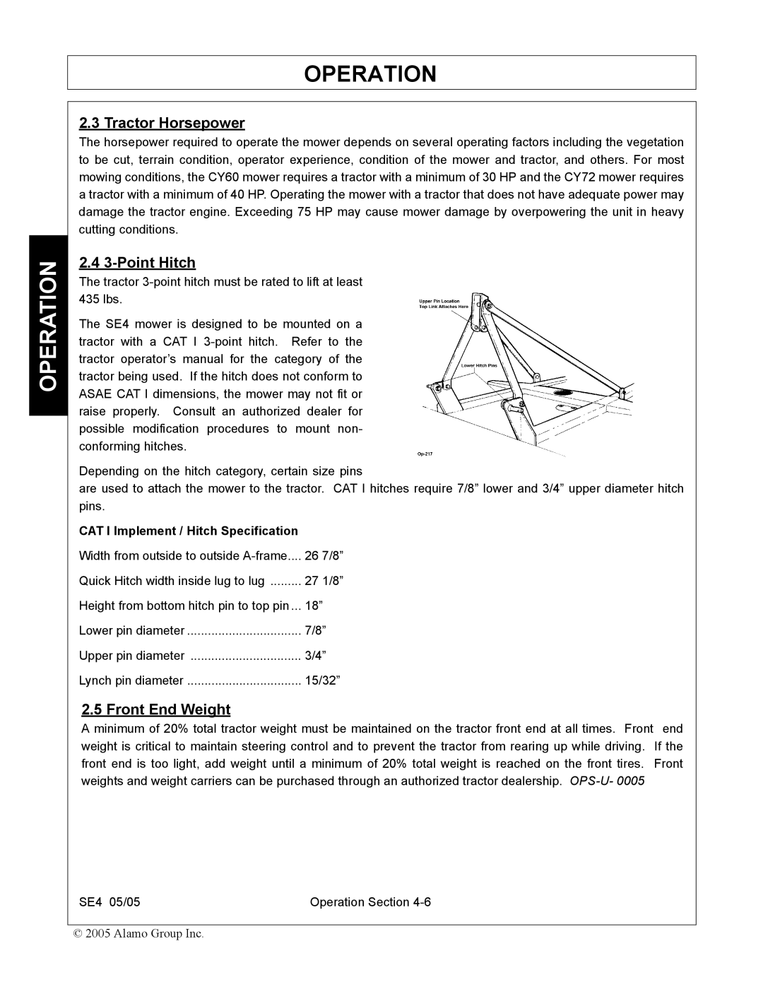 Rhino Mounts SE4 manual Tractor Horsepower, Point Hitch, Front End Weight 