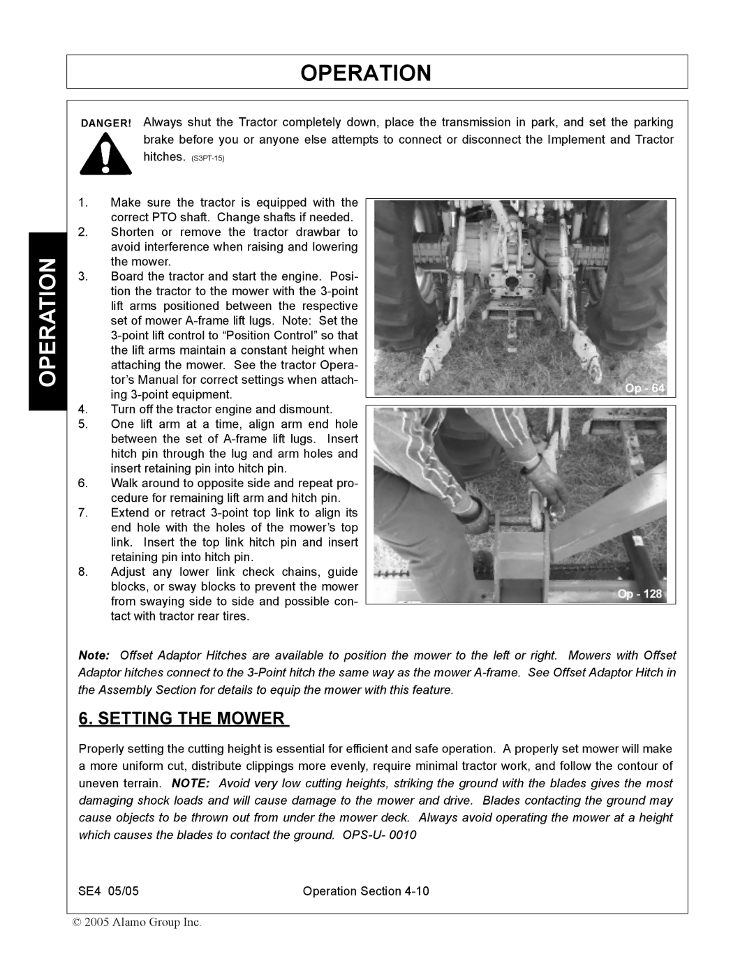 Rhino Mounts SE4 manual Setting the Mower 