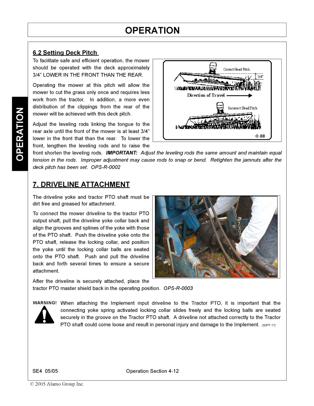 Rhino Mounts SE4 manual Driveline Attachment, Setting Deck Pitch 