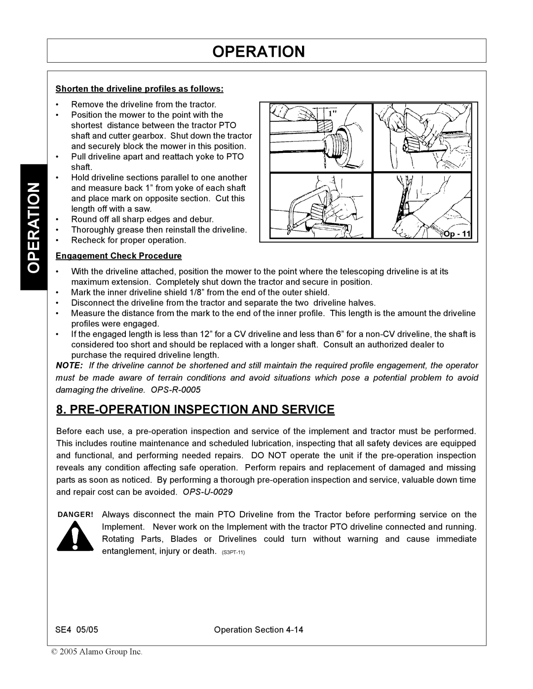 Rhino Mounts SE4 manual PRE-OPERATION Inspection and Service, Shorten the driveline profiles as follows 