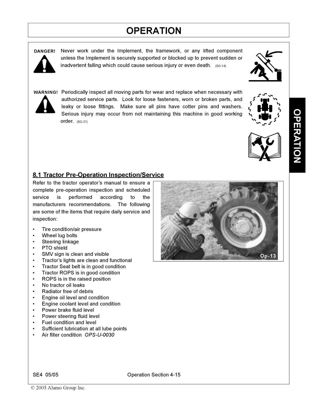 Rhino Mounts SE4 manual Tractor Pre-Operation Inspection/Service 