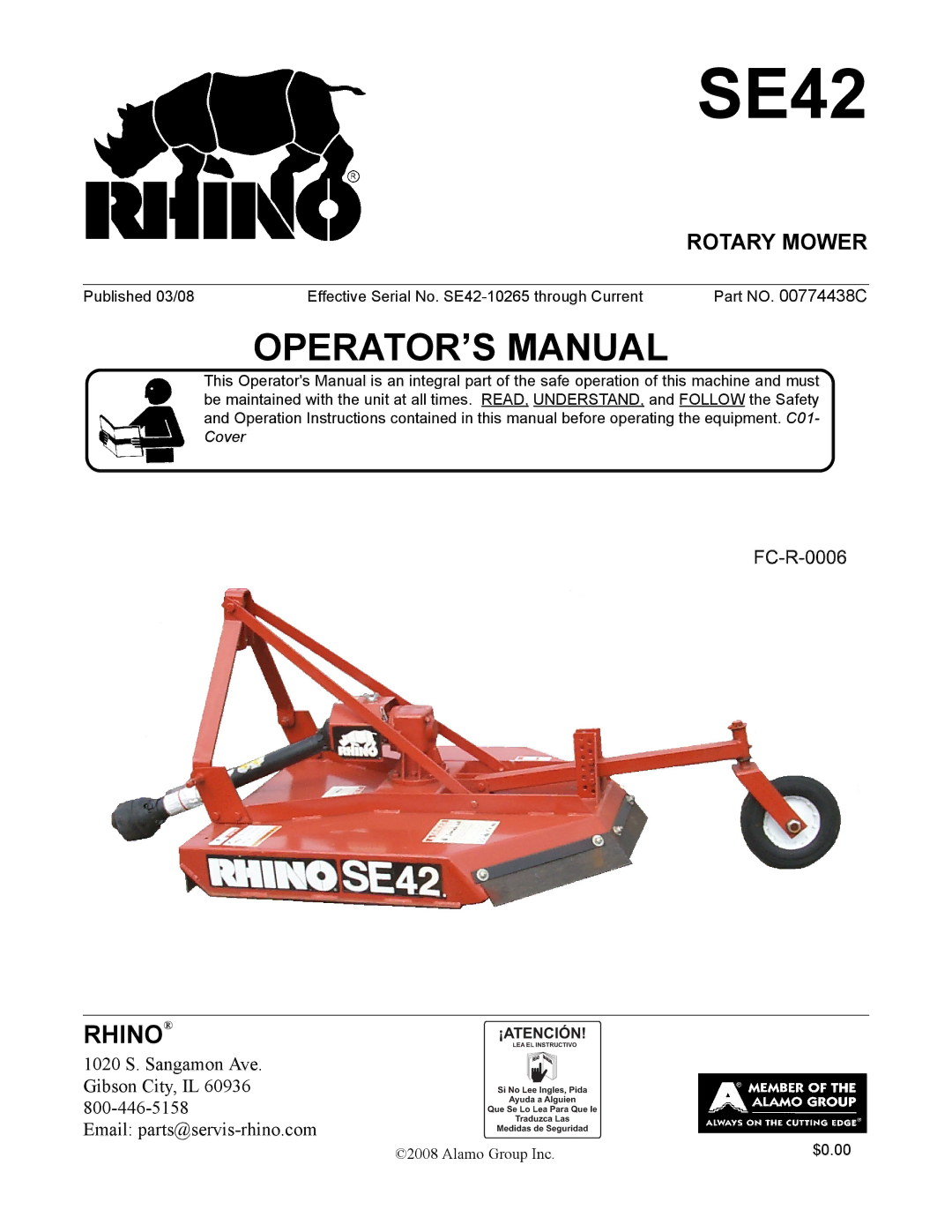 Rhino Mounts SE42 manual Rotary Mower 