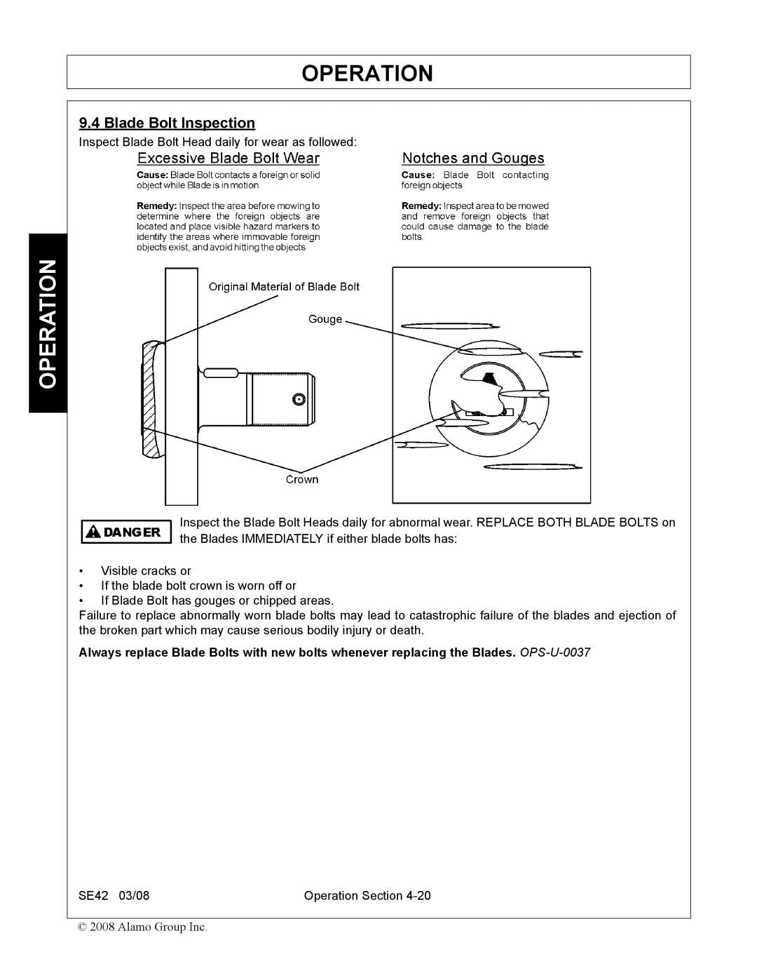 Rhino Mounts SE42 manual Blade Bolt Inspection 