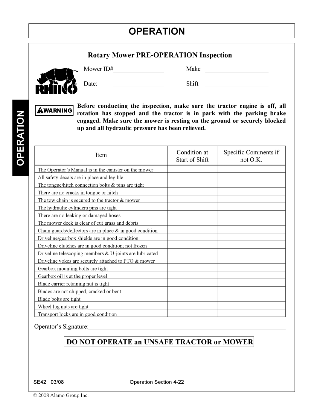 Rhino Mounts SE42 manual Rotary Mower PRE-OPERATION Inspection 