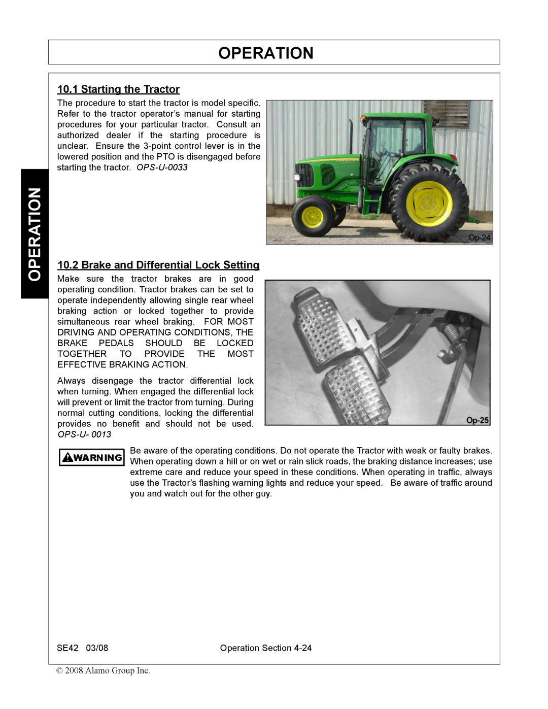 Rhino Mounts SE42 manual Starting the Tractor, Brake and Differential Lock Setting 