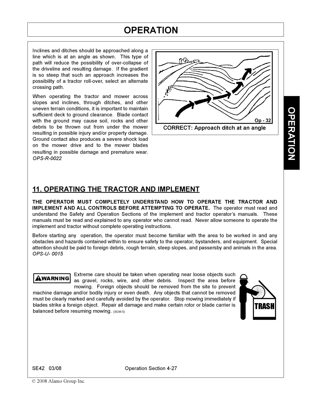 Rhino Mounts SE42 manual Operating the Tractor and Implement 