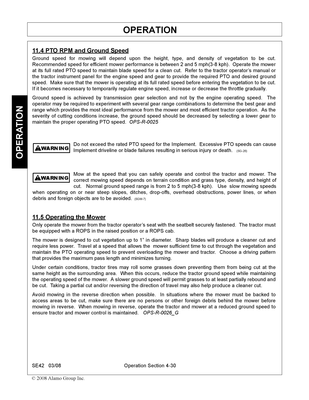 Rhino Mounts SE42 manual PTO RPM and Ground Speed, Operating the Mower 