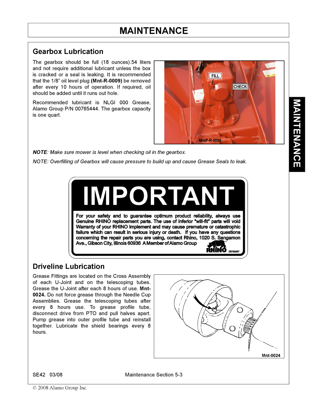 Rhino Mounts SE42 manual Gearbox Lubrication, Driveline Lubrication 