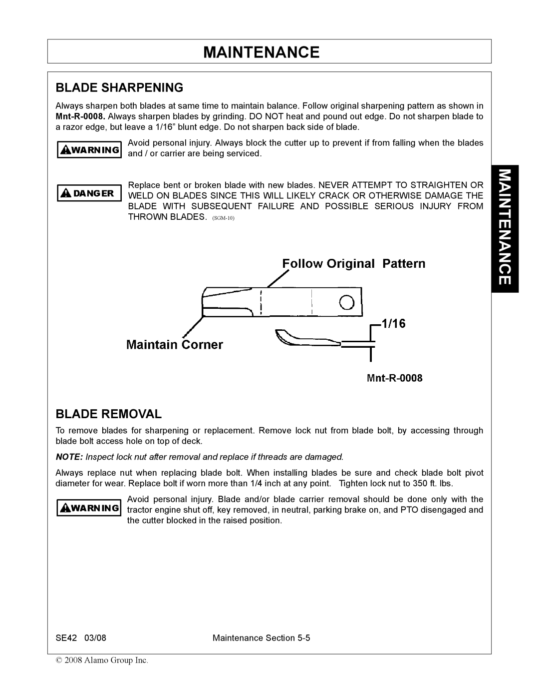 Rhino Mounts SE42 manual Blade Sharpening, Blade Removal 