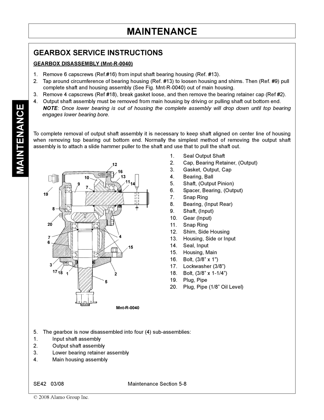 Rhino Mounts SE42 manual Gearbox Service Instructions, Gearbox Disassembly Mnt-R-0040 