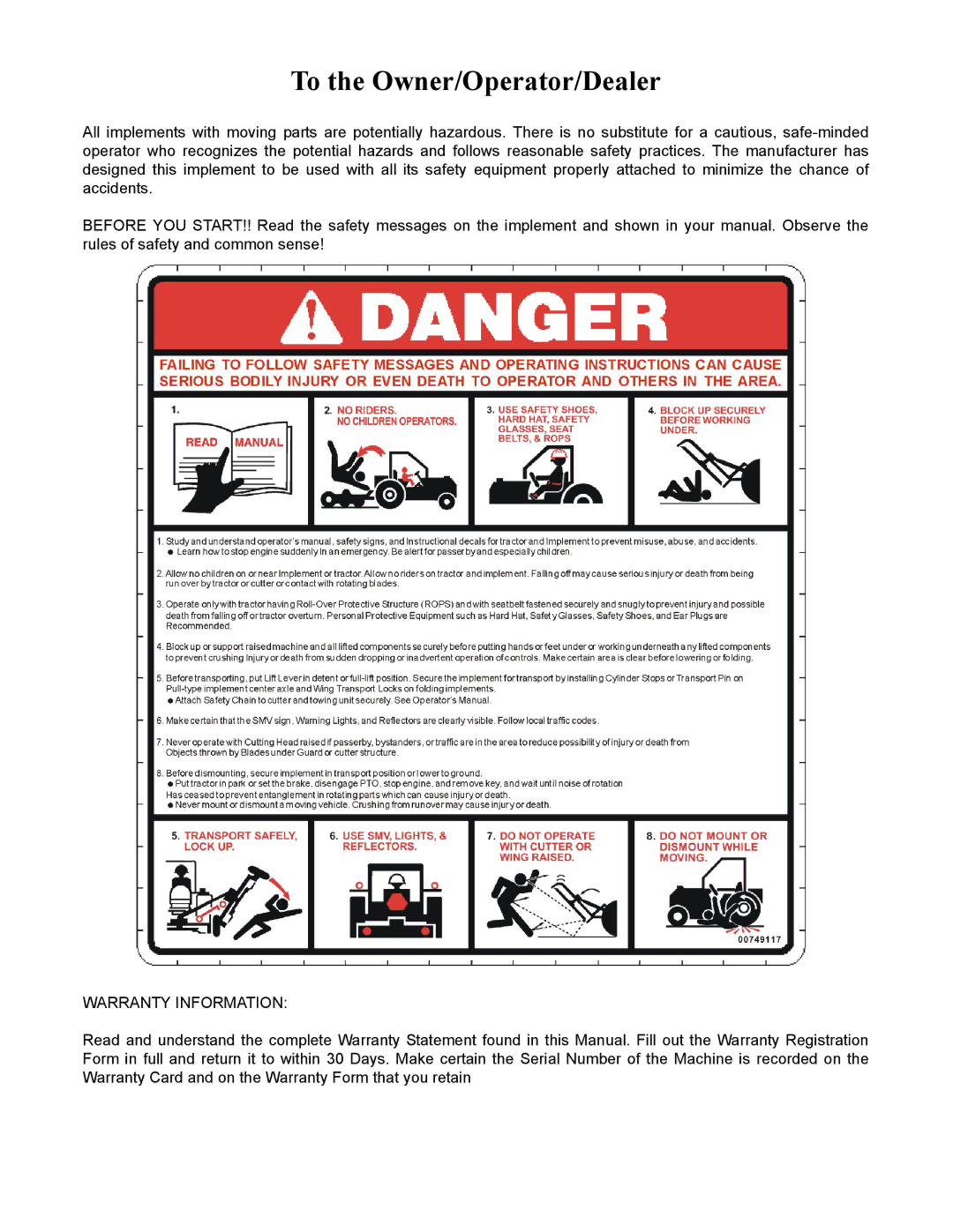 Rhino Mounts SE42 manual To the Owner/Operator/Dealer 