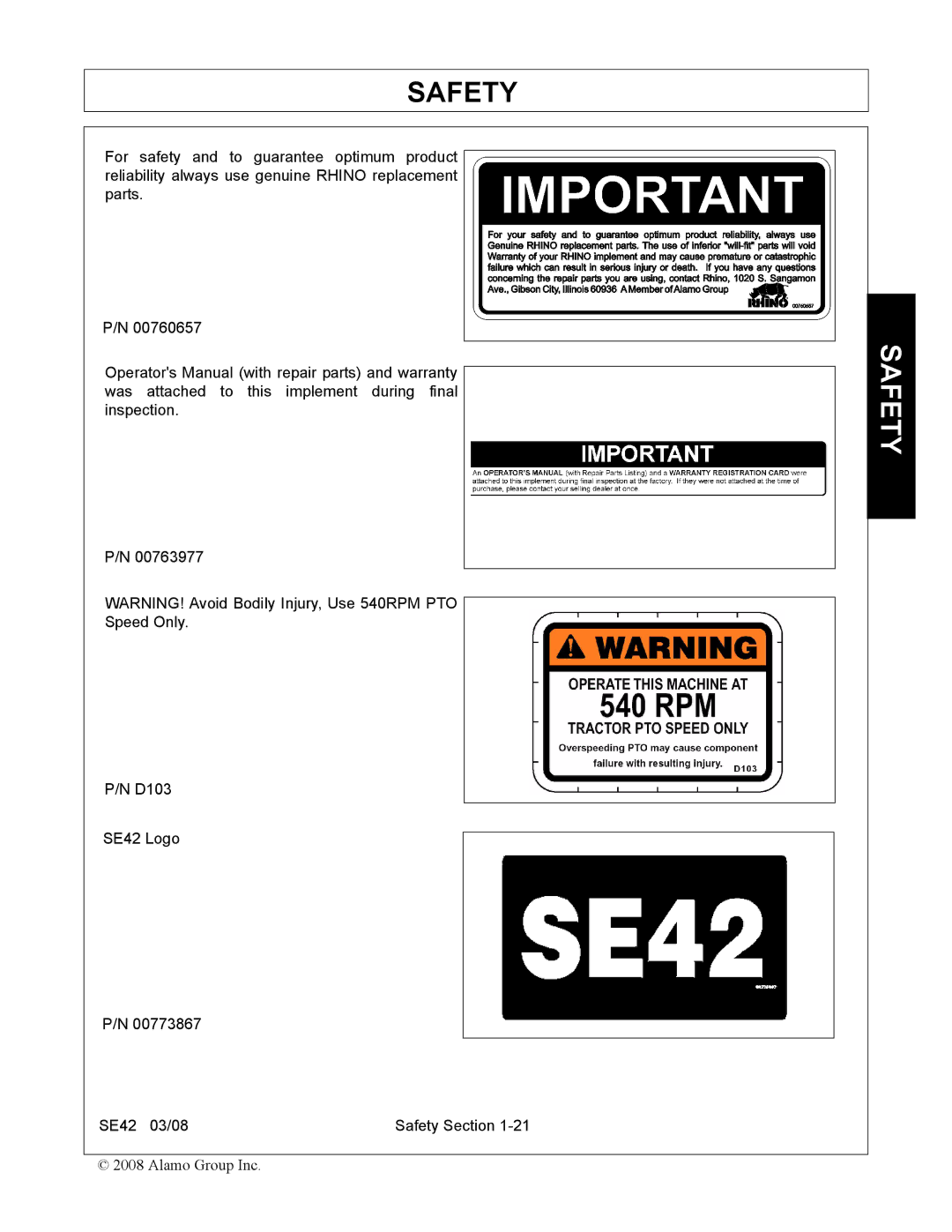 Rhino Mounts SE42 manual Safety 