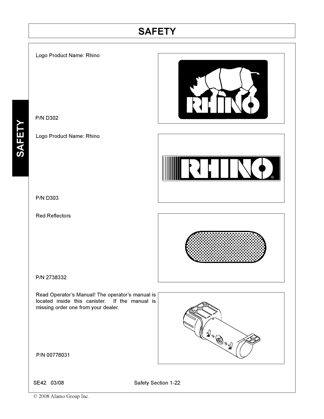 Rhino Mounts SE42 manual Safety 