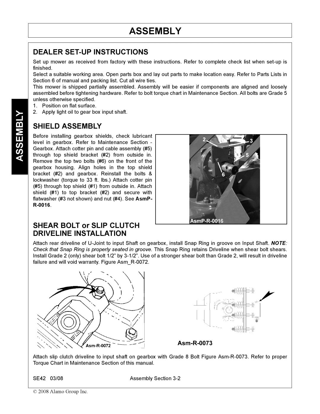 Rhino Mounts SE42 manual Dealer SET-UP Instructions, Shield Assembly, Shear Bolt or Slip Clutch, Driveline Installation 