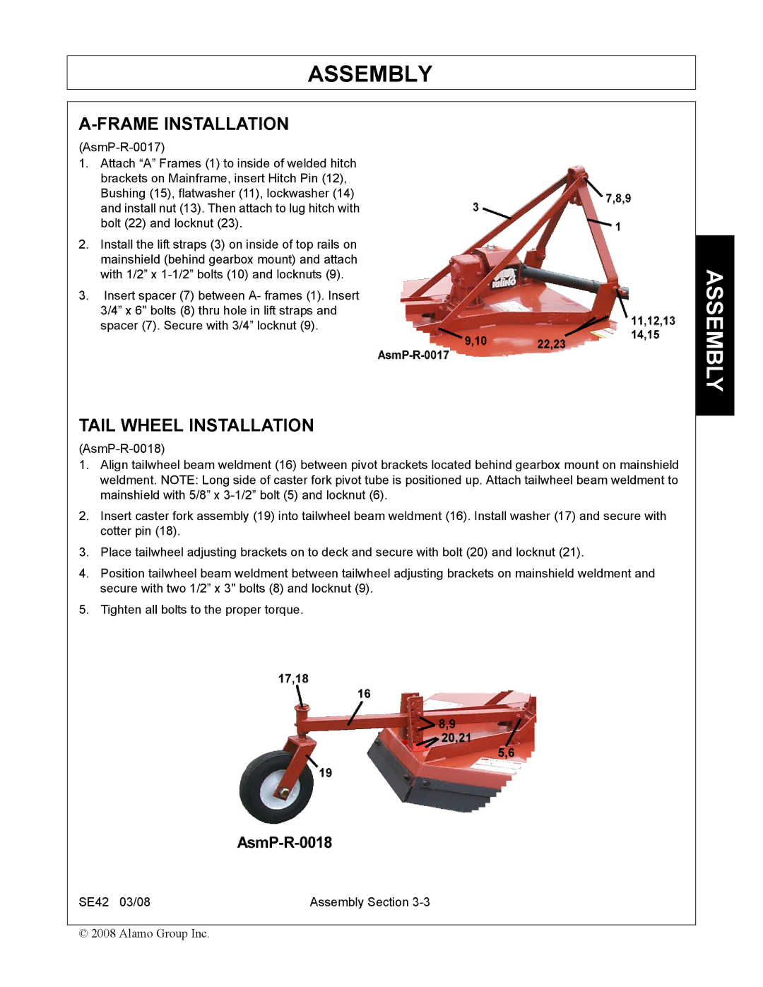 Rhino Mounts SE42 manual Frame Installation, Tail Wheel Installation 