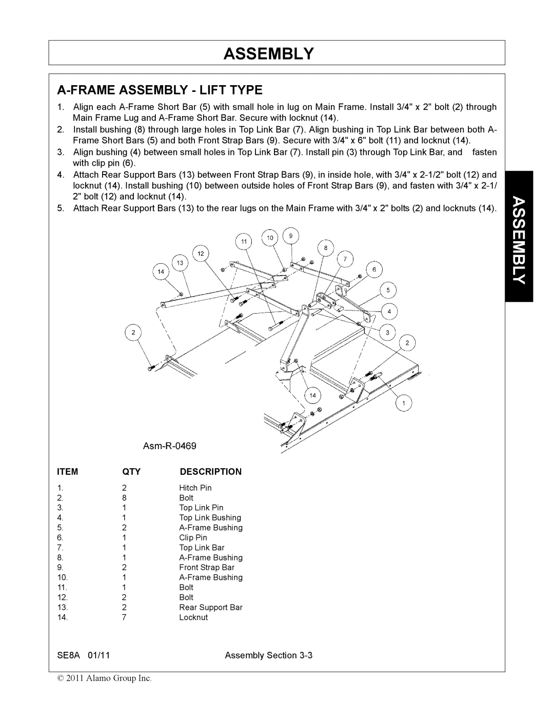 Rhino Mounts SE8A manual Frame Assembly Lift Type, QTY Description 