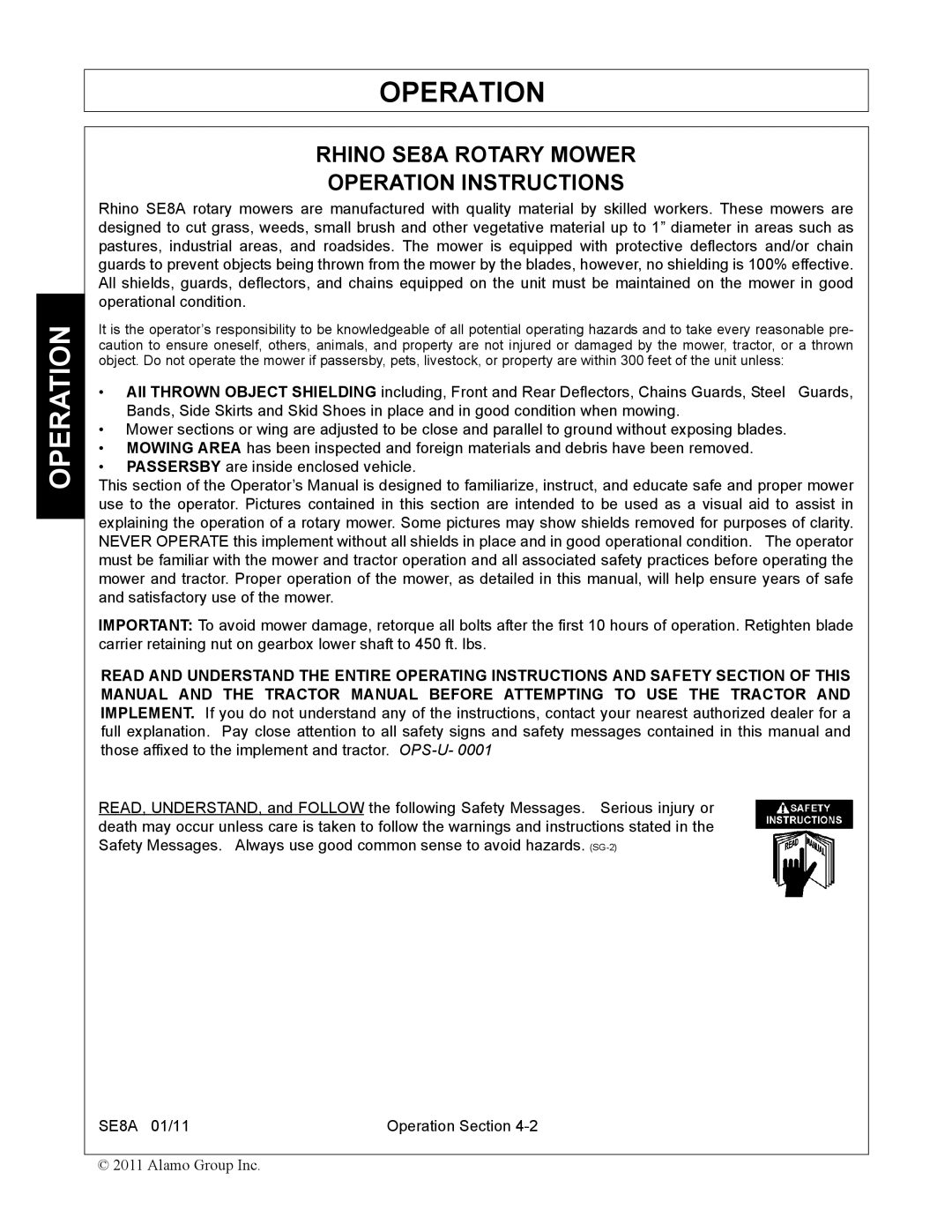 Rhino Mounts manual Rhino SE8A Rotary Mower Operation Instructions 