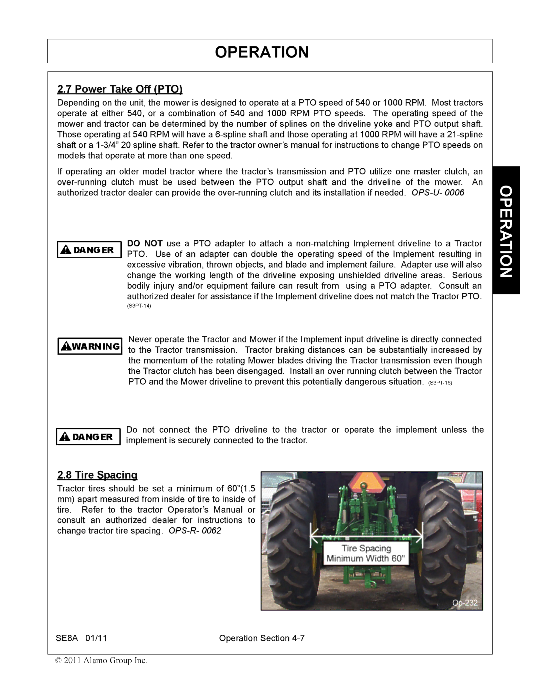 Rhino Mounts SE8A manual Power Take Off PTO, Tire Spacing 