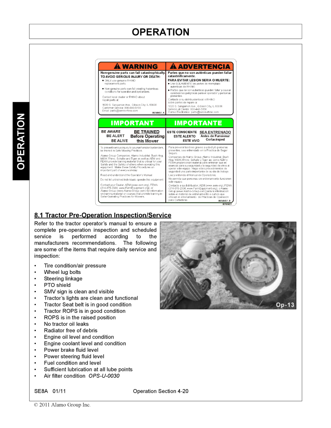 Rhino Mounts SE8A manual Tractor Pre-Operation Inspection/Service 