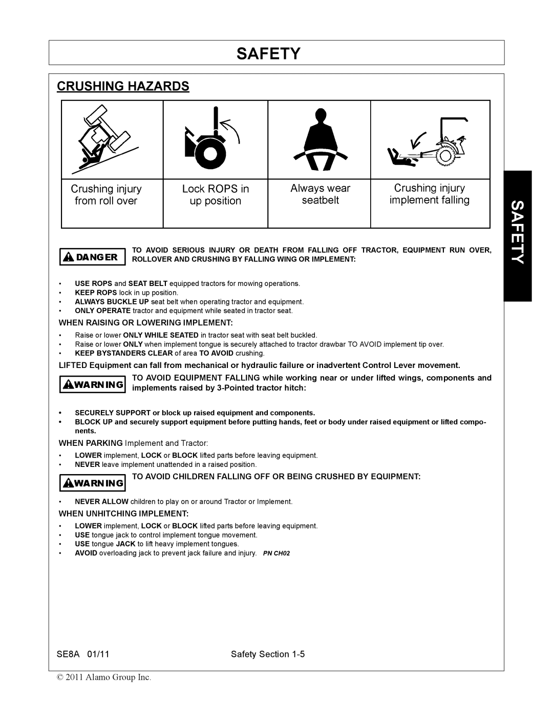 Rhino Mounts SE8A manual Crushing Hazards, When Raising or Lowering Implement 