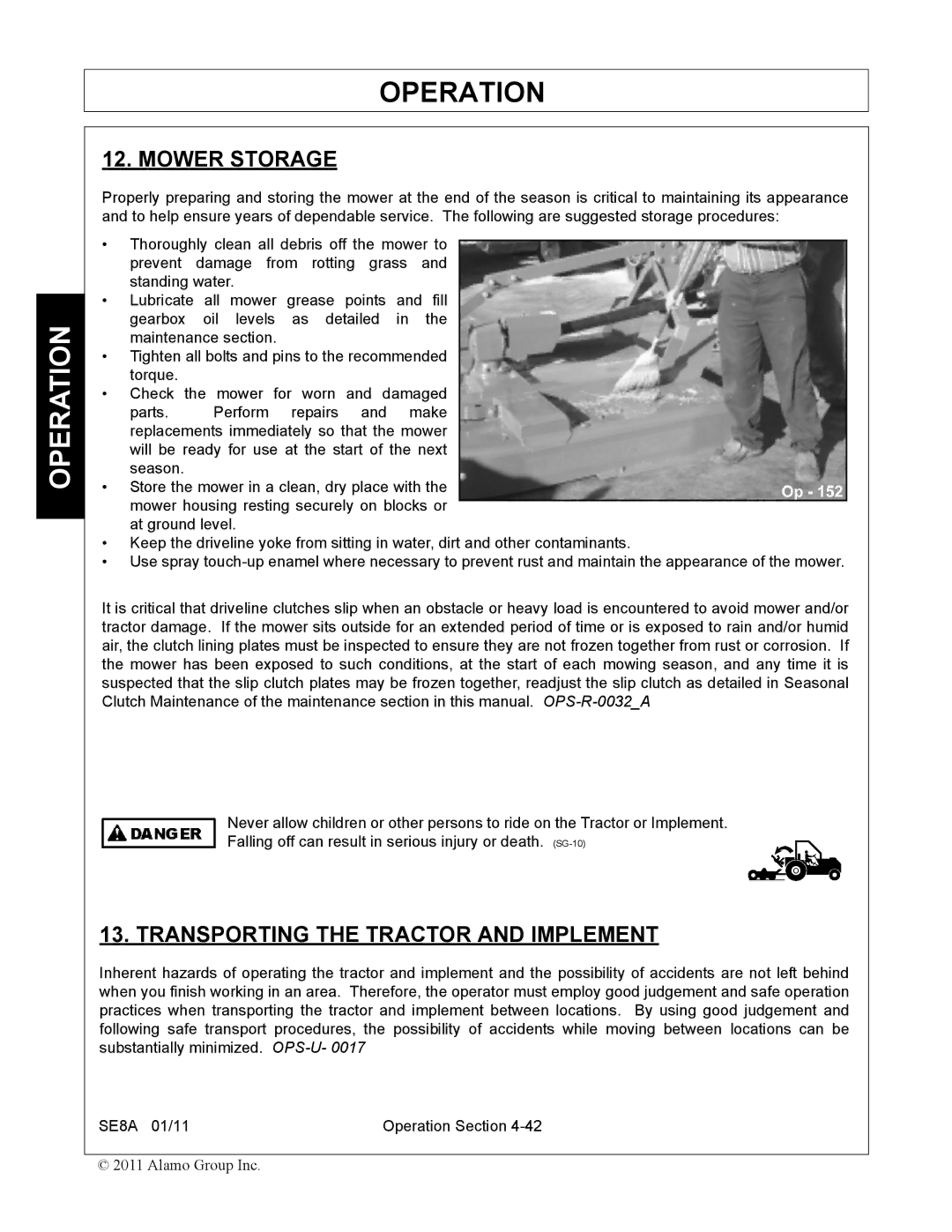 Rhino Mounts SE8A manual Mower Storage, Transporting the Tractor and Implement 