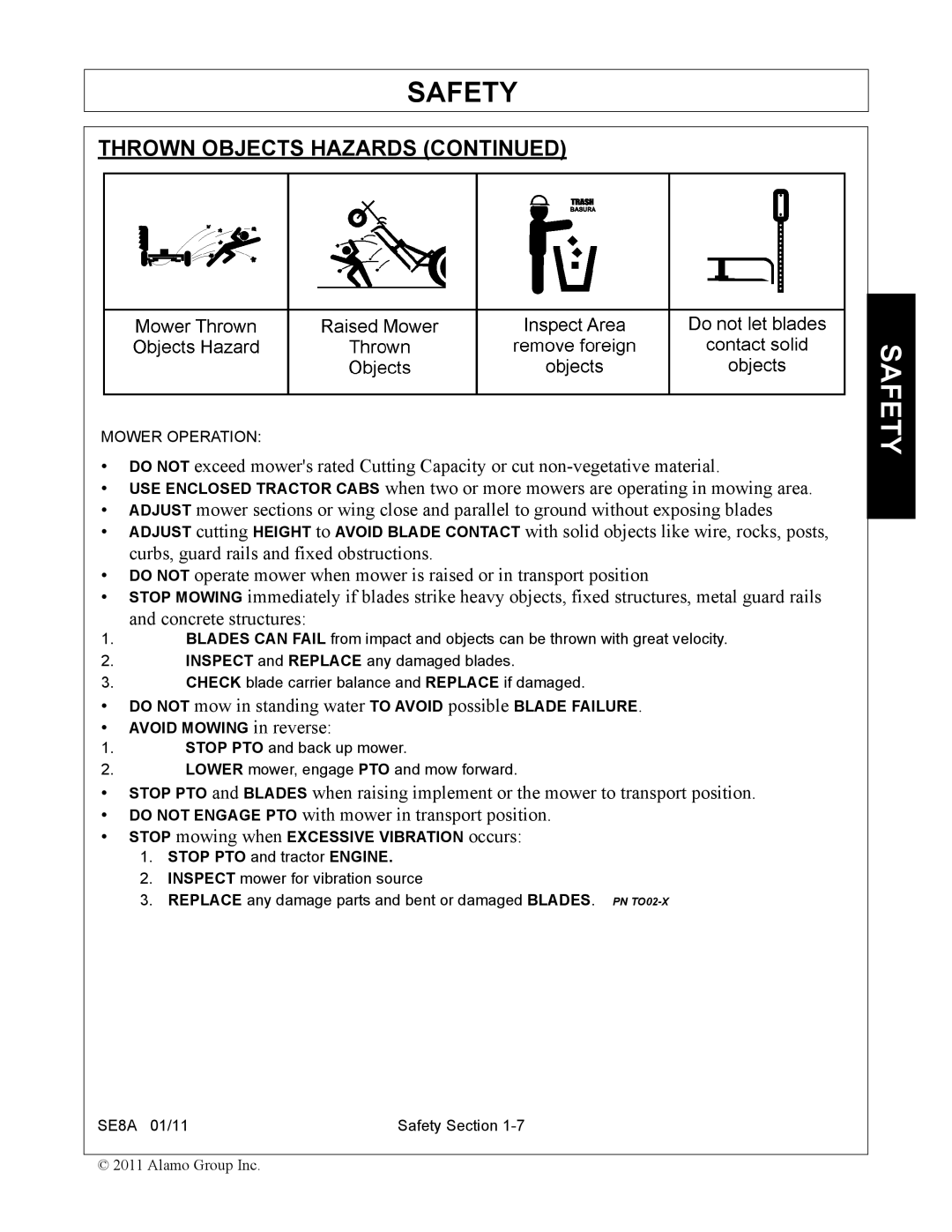 Rhino Mounts SE8A manual Thrown Objects Hazards, Avoid Mowing in reverse 