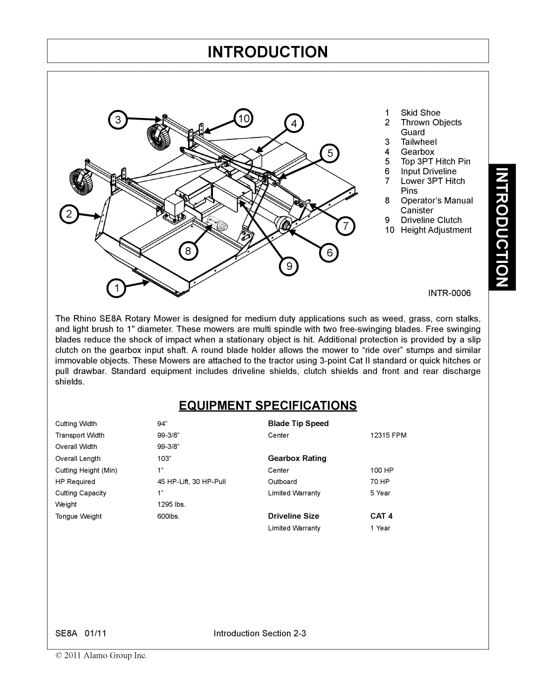 Rhino Mounts SE8A manual Equipment Specifications, Gearbox Rating 