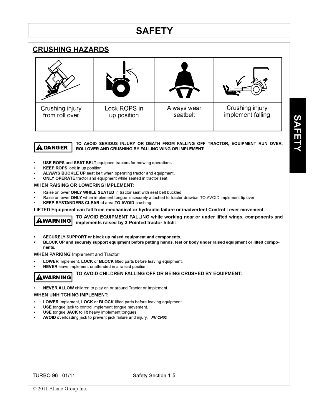 Rhino Mounts TURBO 96 manual Crushing Hazards, When Raising or Lowering Implement 