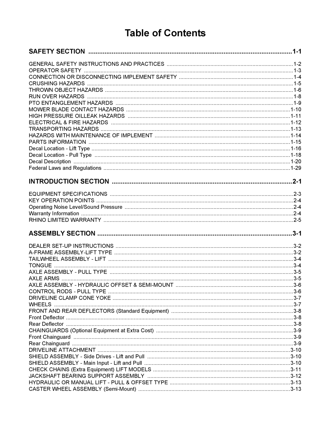 Rhino Mounts TURBO 96 manual Table of Contents 