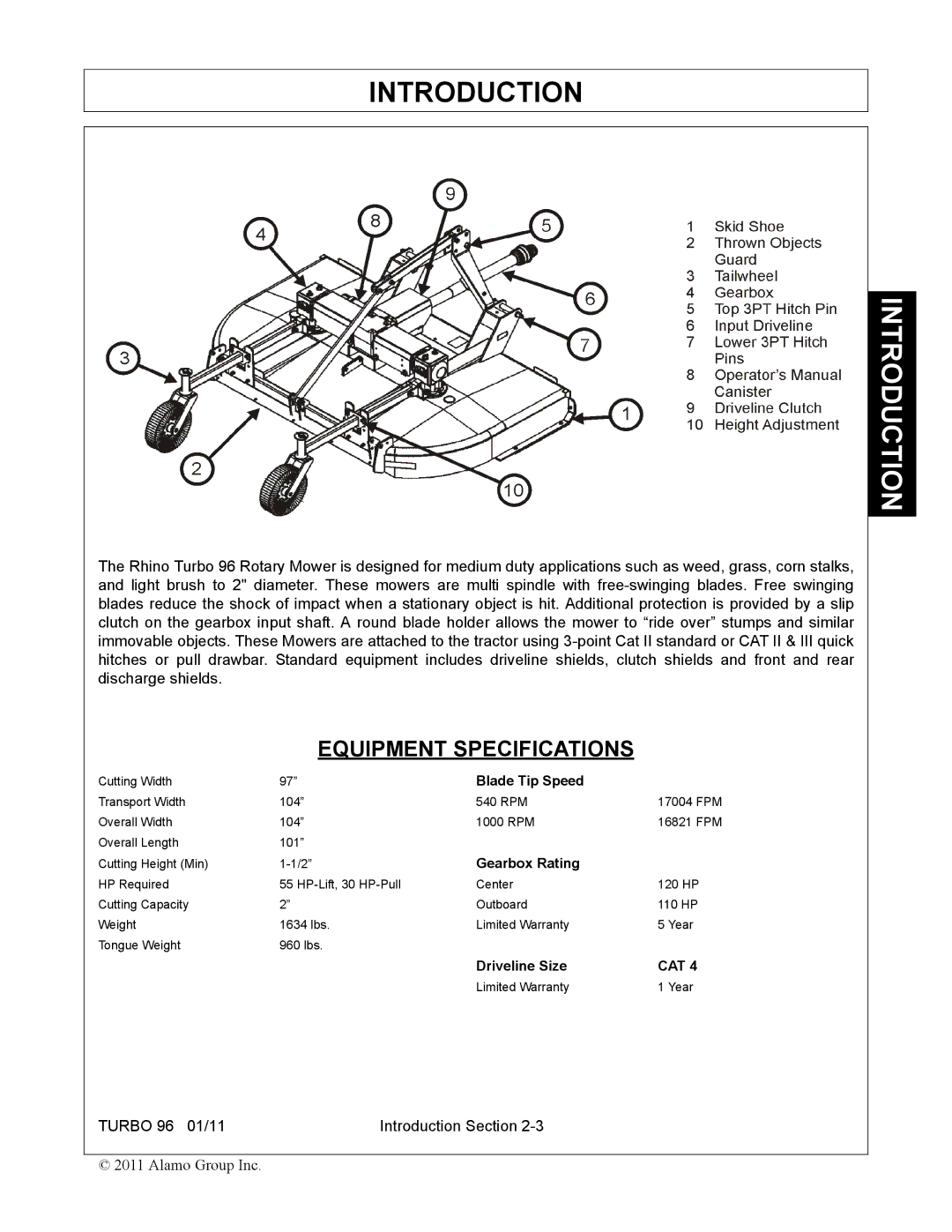 Rhino Mounts TURBO 96 manual Equipment Specifications, Blade Tip Speed 