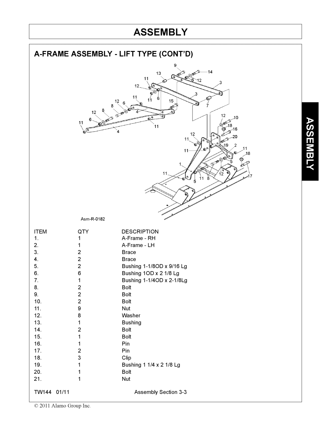 Rhino Mounts TW144 manual Frame Assembly Lift Type CONT’D, QTY Description 