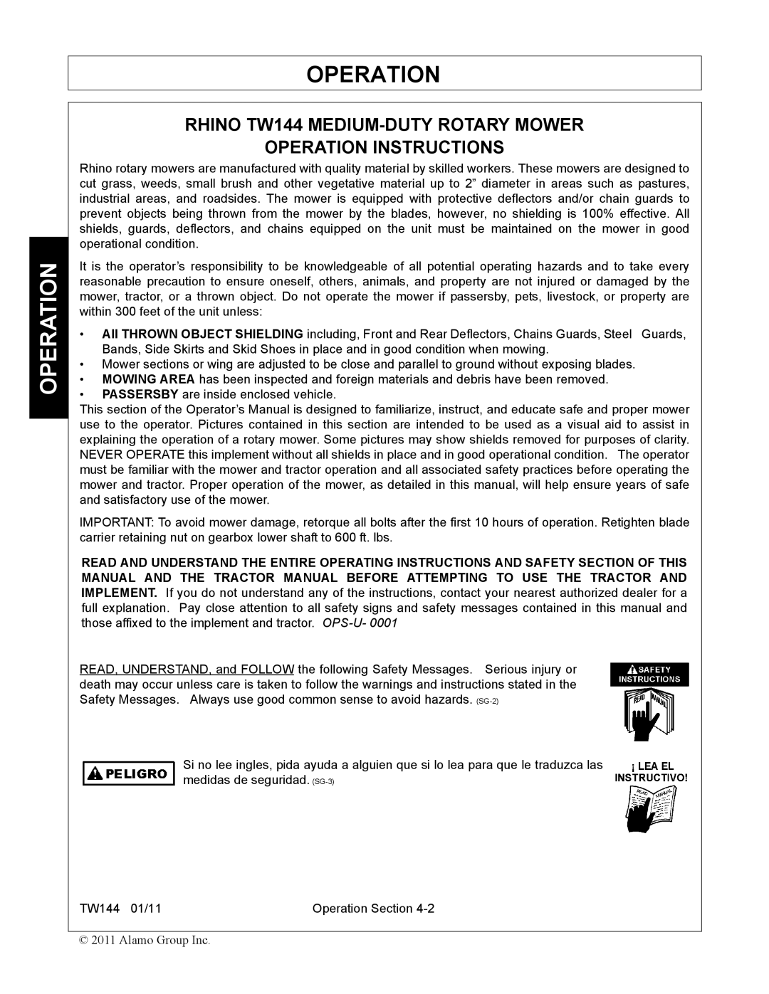 Rhino Mounts manual Rhino TW144 MEDIUM-DUTY Rotary Mower Operation Instructions 