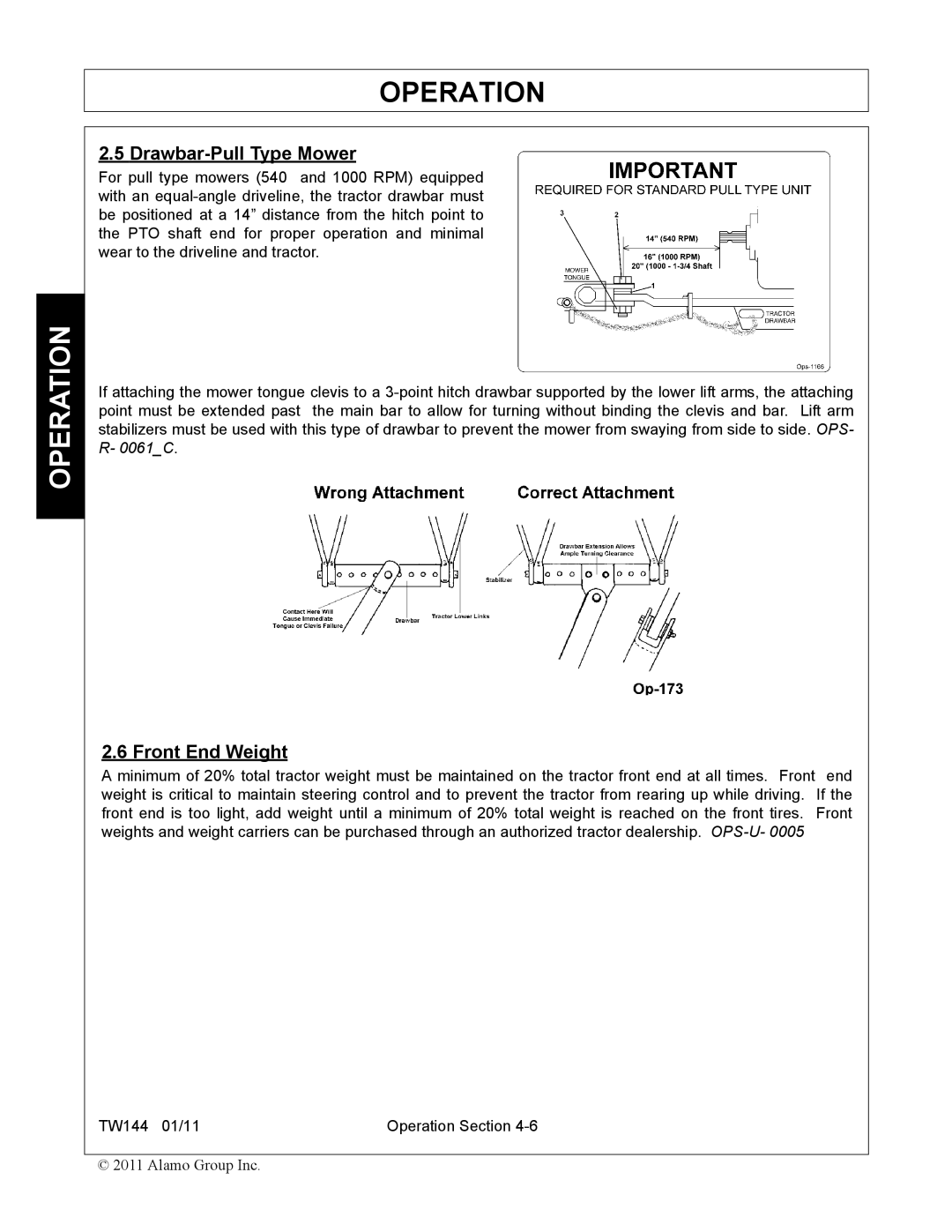 Rhino Mounts TW144 manual Drawbar-Pull Type Mower, Front End Weight 