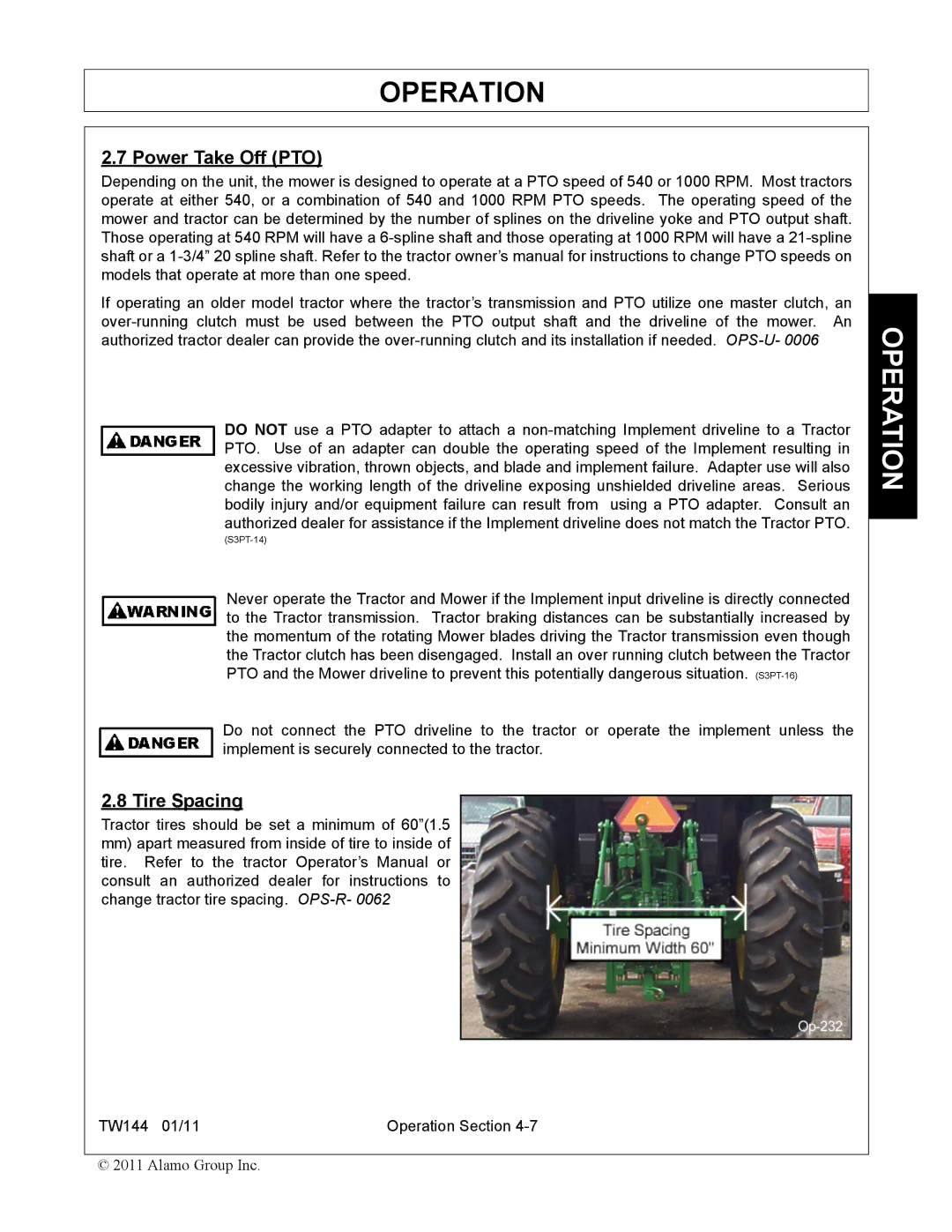 Rhino Mounts TW144 manual Power Take Off PTO, Tire Spacing 