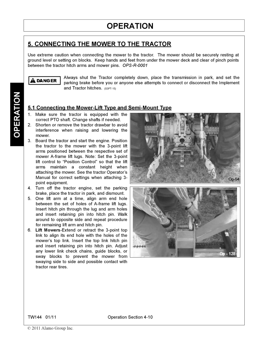 Rhino Mounts TW144 manual Connecting the Mower to the Tractor, Connecting the Mower-Lift Type and Semi-Mount Type 