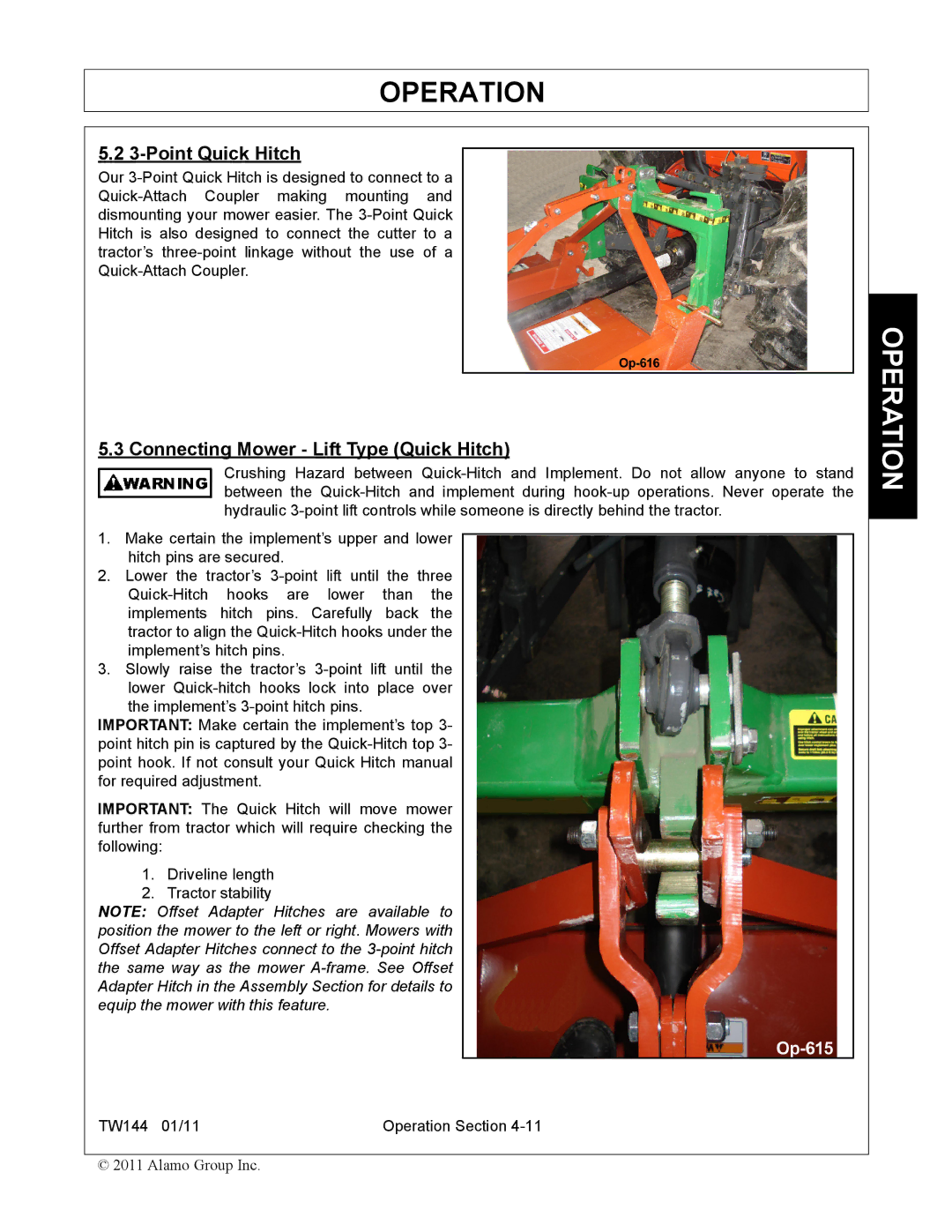 Rhino Mounts TW144 manual Point Quick Hitch, Connecting Mower Lift Type Quick Hitch 