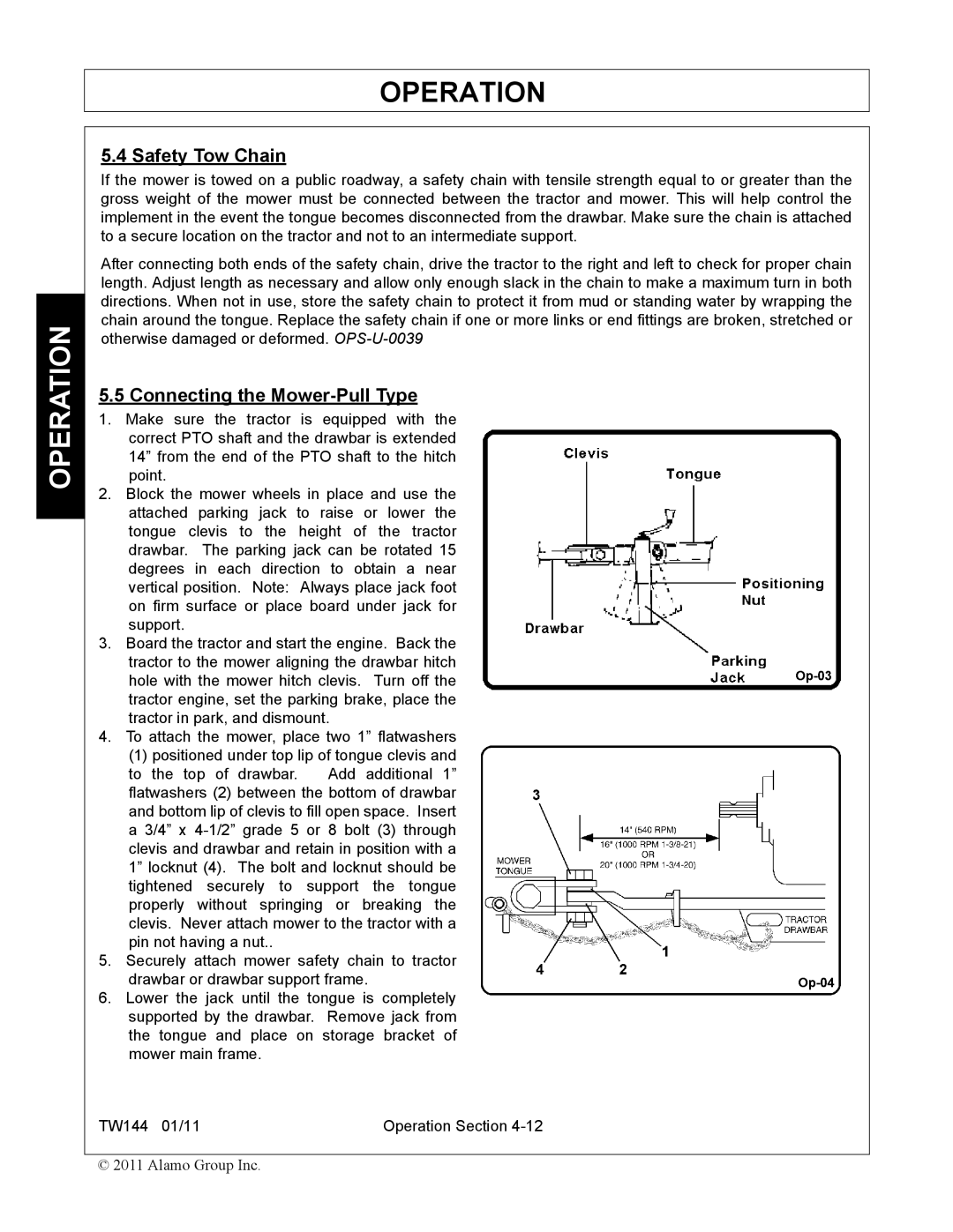 Rhino Mounts TW144 manual Safety Tow Chain, Connecting the Mower-Pull Type 