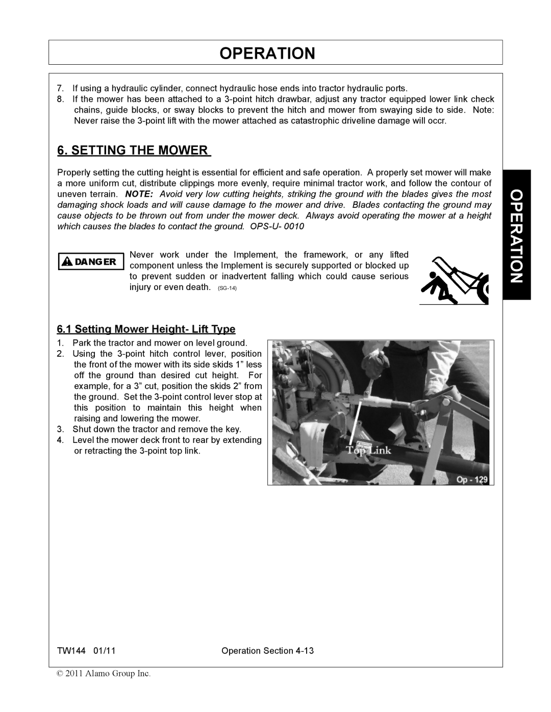 Rhino Mounts TW144 manual Setting the Mower, Setting Mower Height- Lift Type 