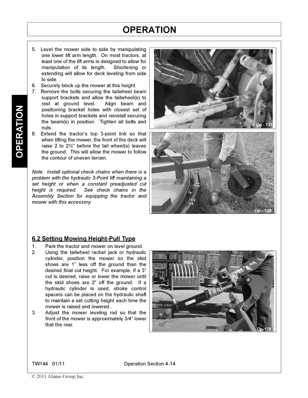 Rhino Mounts TW144 manual Setting Mowing Height-Pull Type 