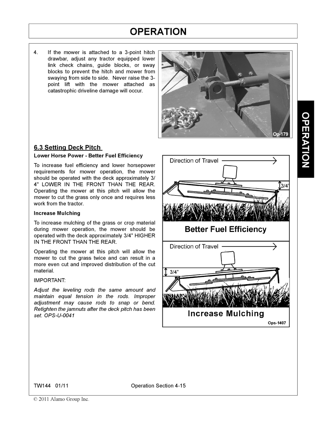 Rhino Mounts TW144 manual Setting Deck Pitch, Lower Horse Power Better Fuel Efficiency, Increase Mulching 